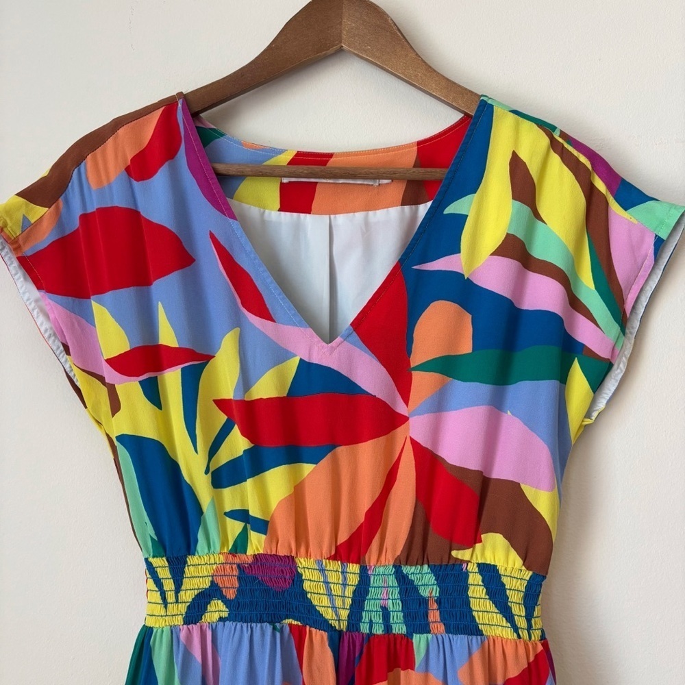Marie Oliver Vibrant Botanical Print Silk Smocked Waist Dress XS - Picture 3 of 9